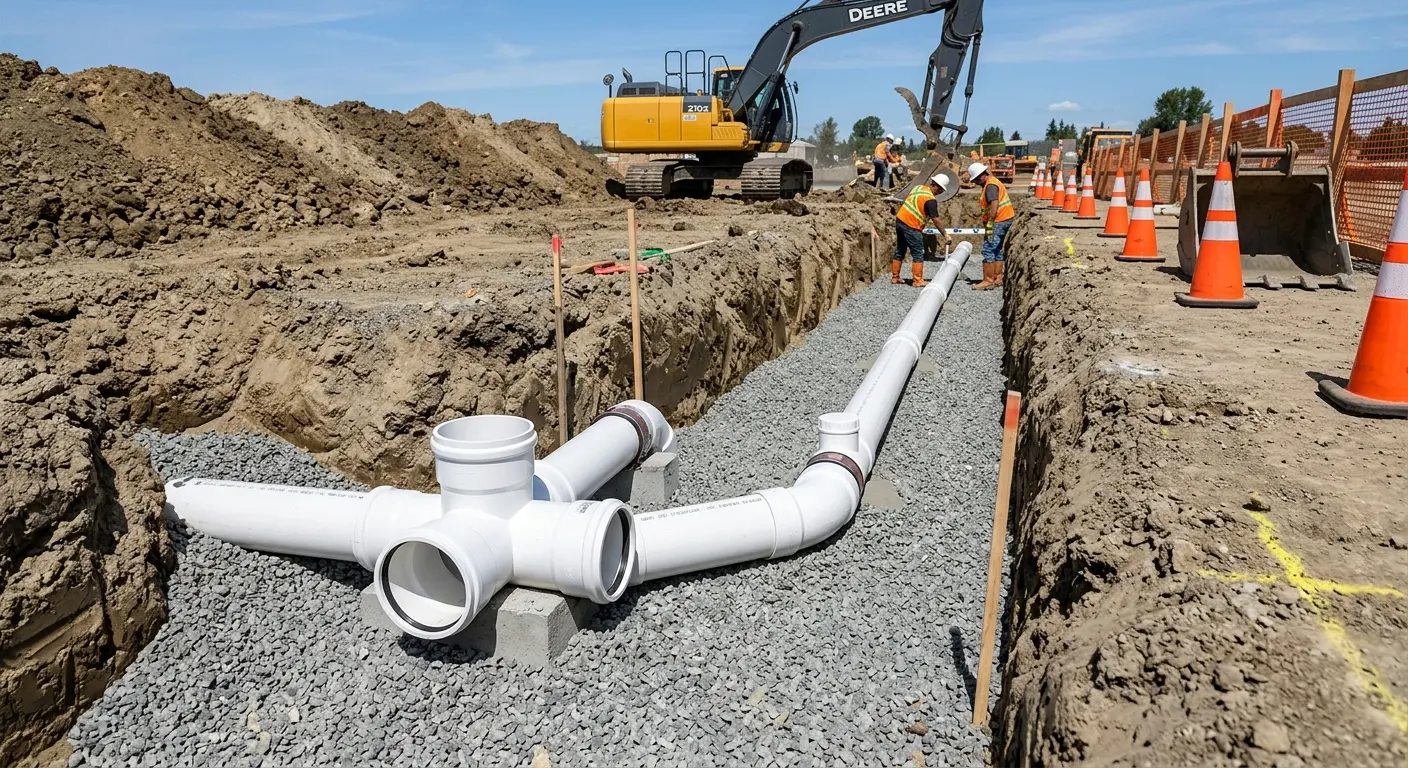 New PVC sewer pipe installation in open trench for Commercial Drain Cleaning in Yakima