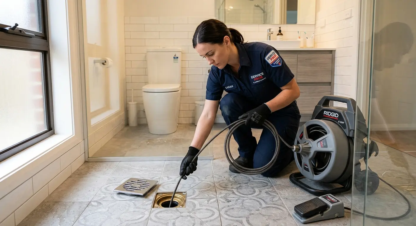 Technician clearing a bathroom floor drain for Drain Repair in Yakima